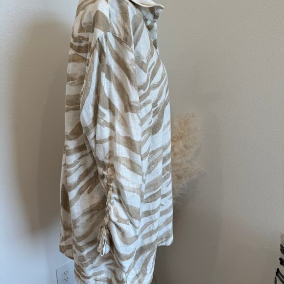 John Mark Linen Cotton Zebra Print Button Down Cinch Sleeve Tunic Top Large - Picture 6 of 14